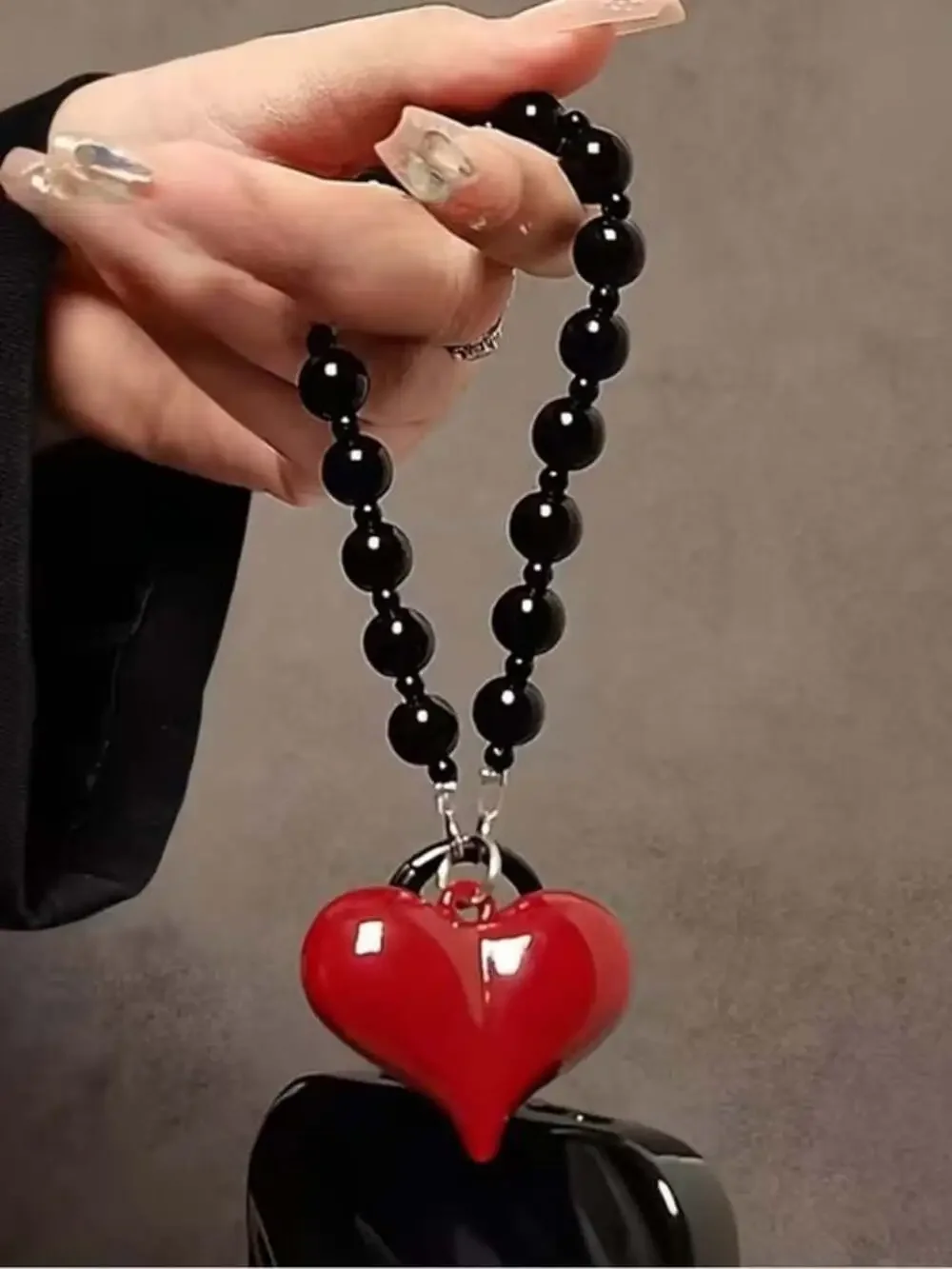 Red Heart Keyring Wristlet with Black Beaded Loop